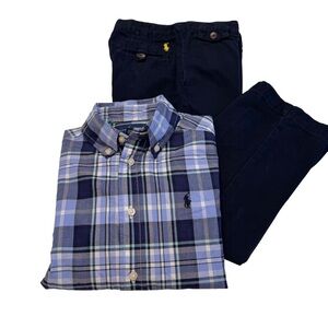 Ralph Lauren Boys 2 Pcs Set Navy Chinos & Blue Button Down Plaid Shirt Size 5